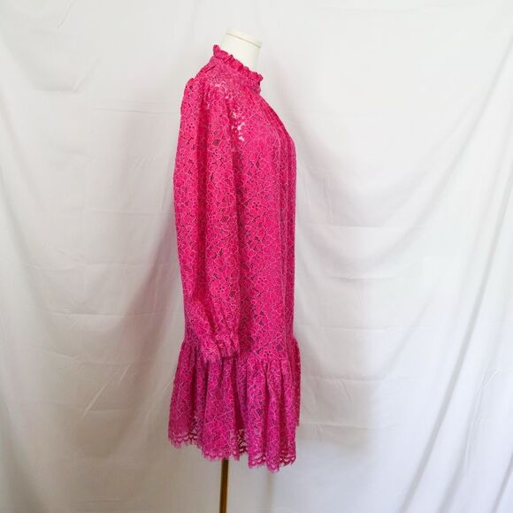 NWOT J Crew Ruffleneck Long Sleeve Lace Dress Hot Pink - Small - Picture 6 of 12